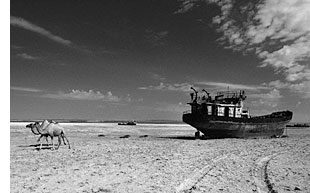 Aral sea boots stranded in sand