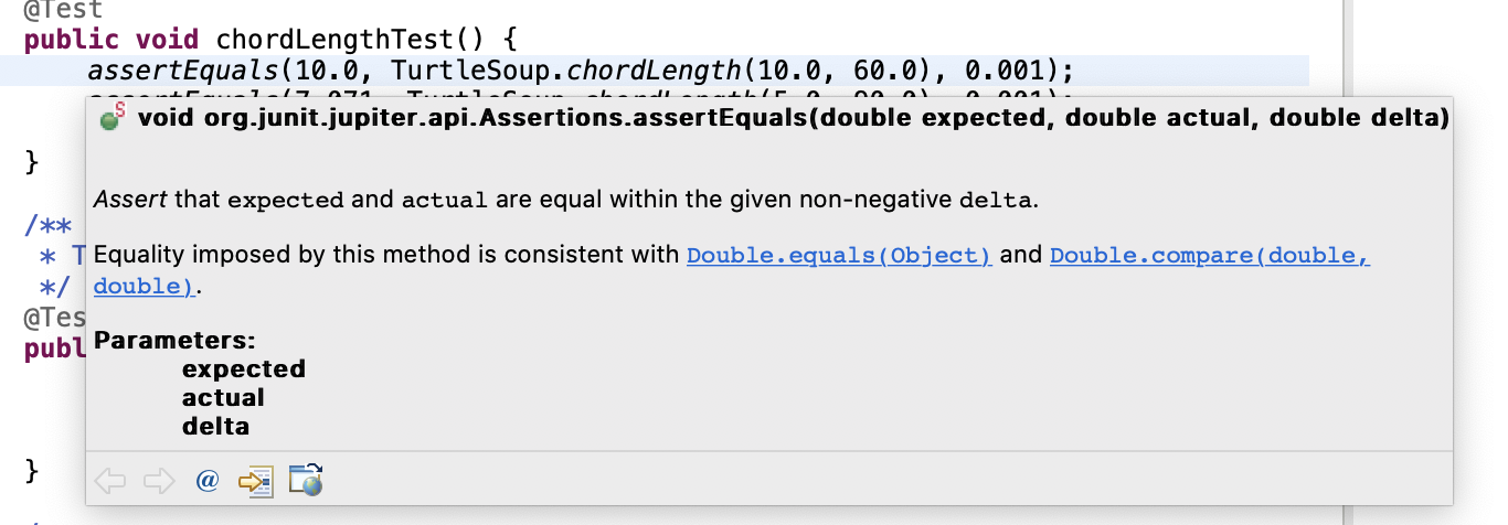 Javadoc documentation for assertEquals pops up on mouse hover