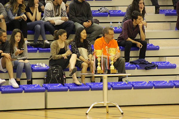 At the SU-IGÜ Basketball Championship game: MIT-SU Freshman Scholar Lee Albright Bernick, Tami Bolk from the MIT Global Education Office, Nihat Berker (23 March 2016)